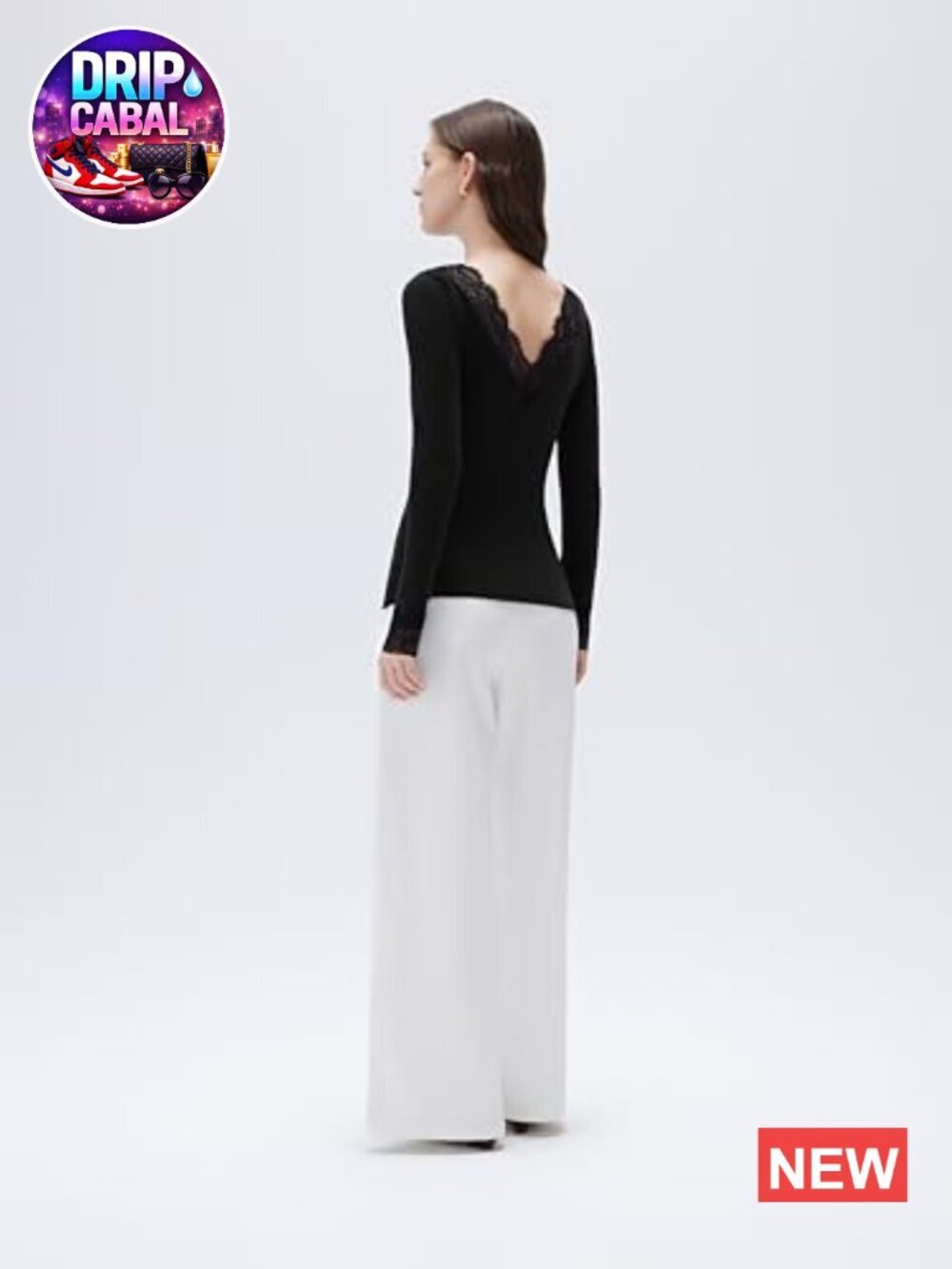 Cloud Cashmere V Neck Boat Neck Lace Long Sleeve Tee - Picture 4 of 7
